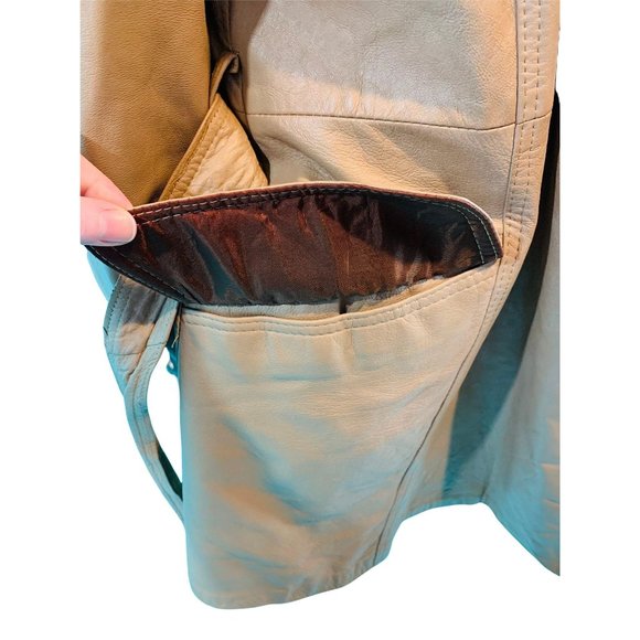 Vintage 1970s Leather Coat Women's Khaki USA Wilsons Open Trench | B 43" - Picture 5 of 10